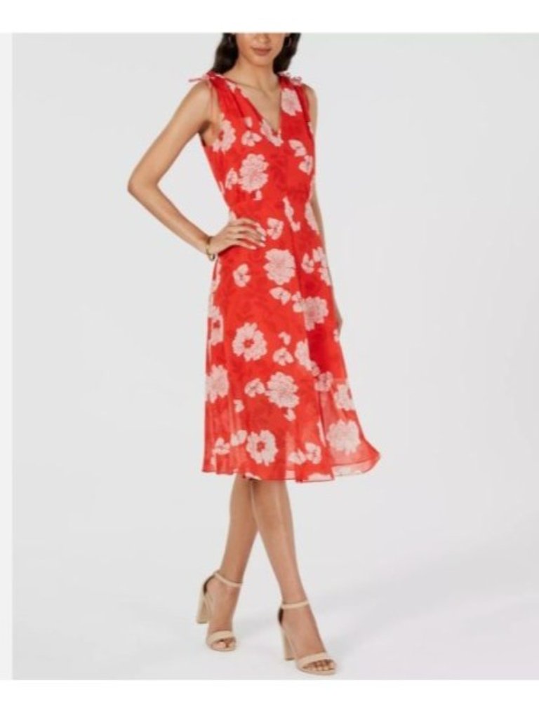 Vince Camuto Womens Red Floral Sleeveless V-Neck Dress Size 14 Lined New